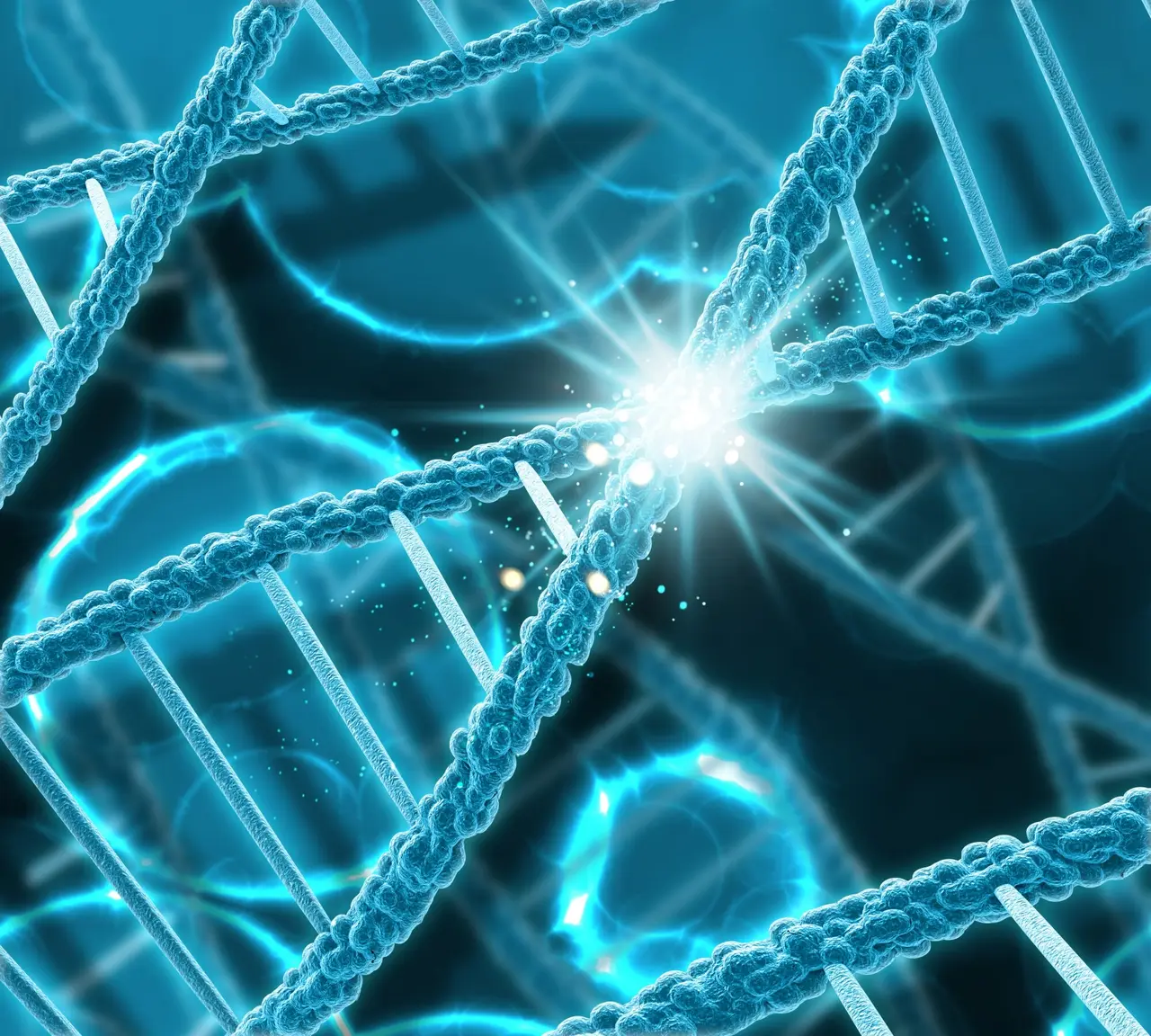 中間有光芒迸發的 DNA 鏈